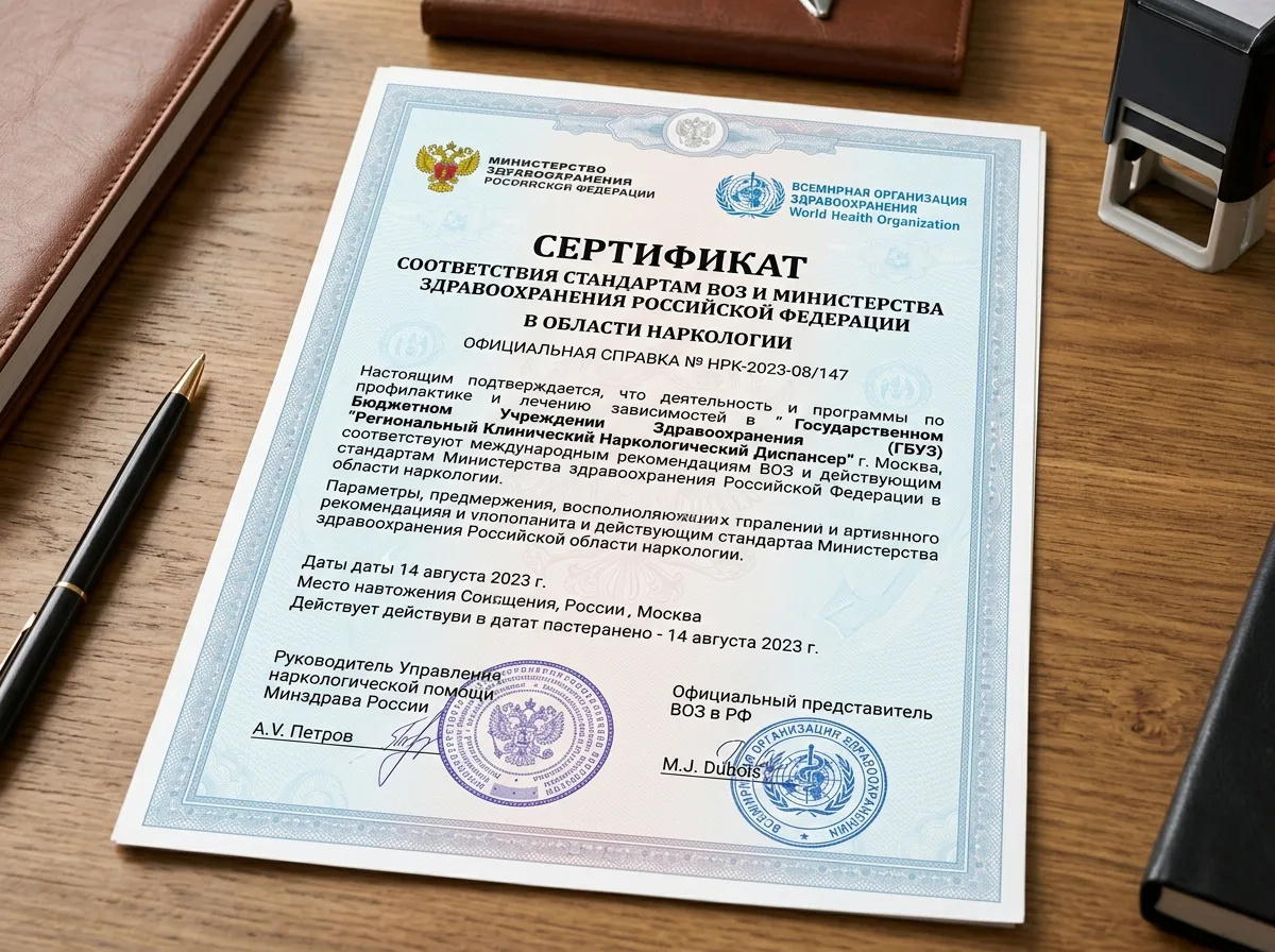 Документ соответствия стандартам ВОЗ и Министерства здравоохранения в области наркологии, официальная справка